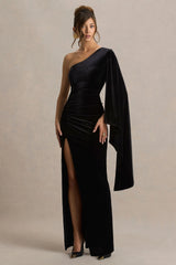 Camilla | Black Velvet Asymmetric-Neck Maxi Dress With Ruched Detailing