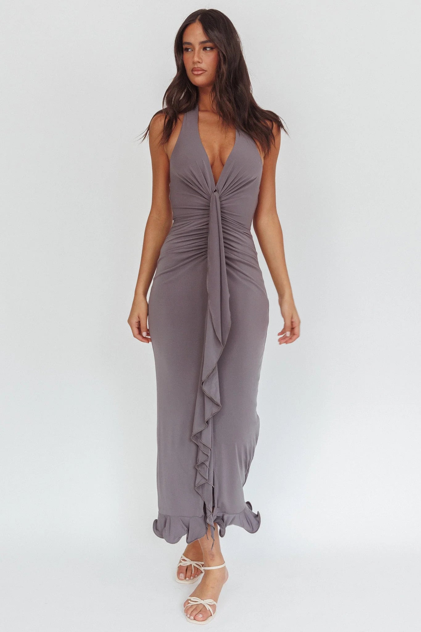 Ray Of Light Ruched Halterneck Maxi Dress Taupe