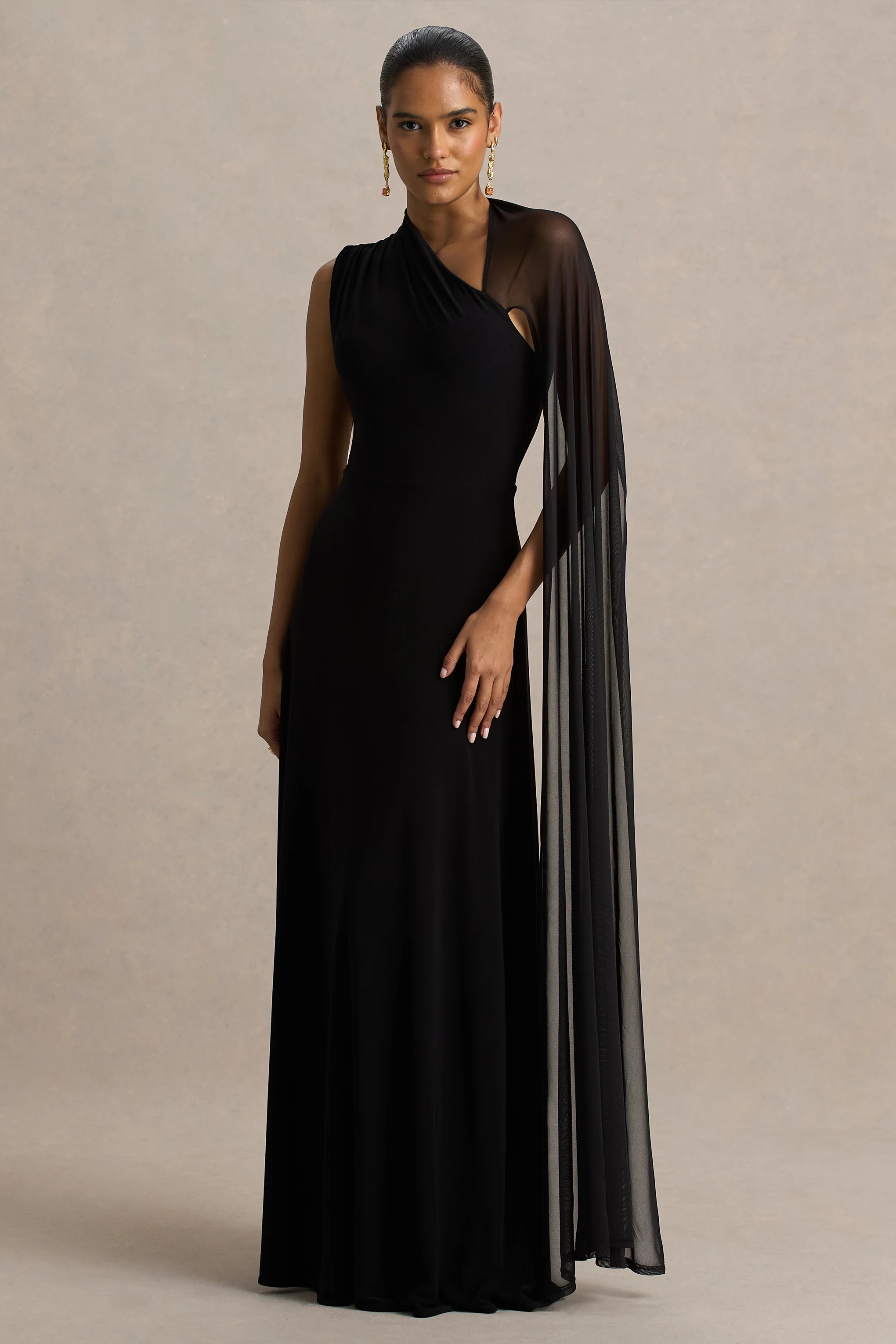 Selena | Black High-Neck Maxi Dress With Cut-Out And Cape Sleeve Detail