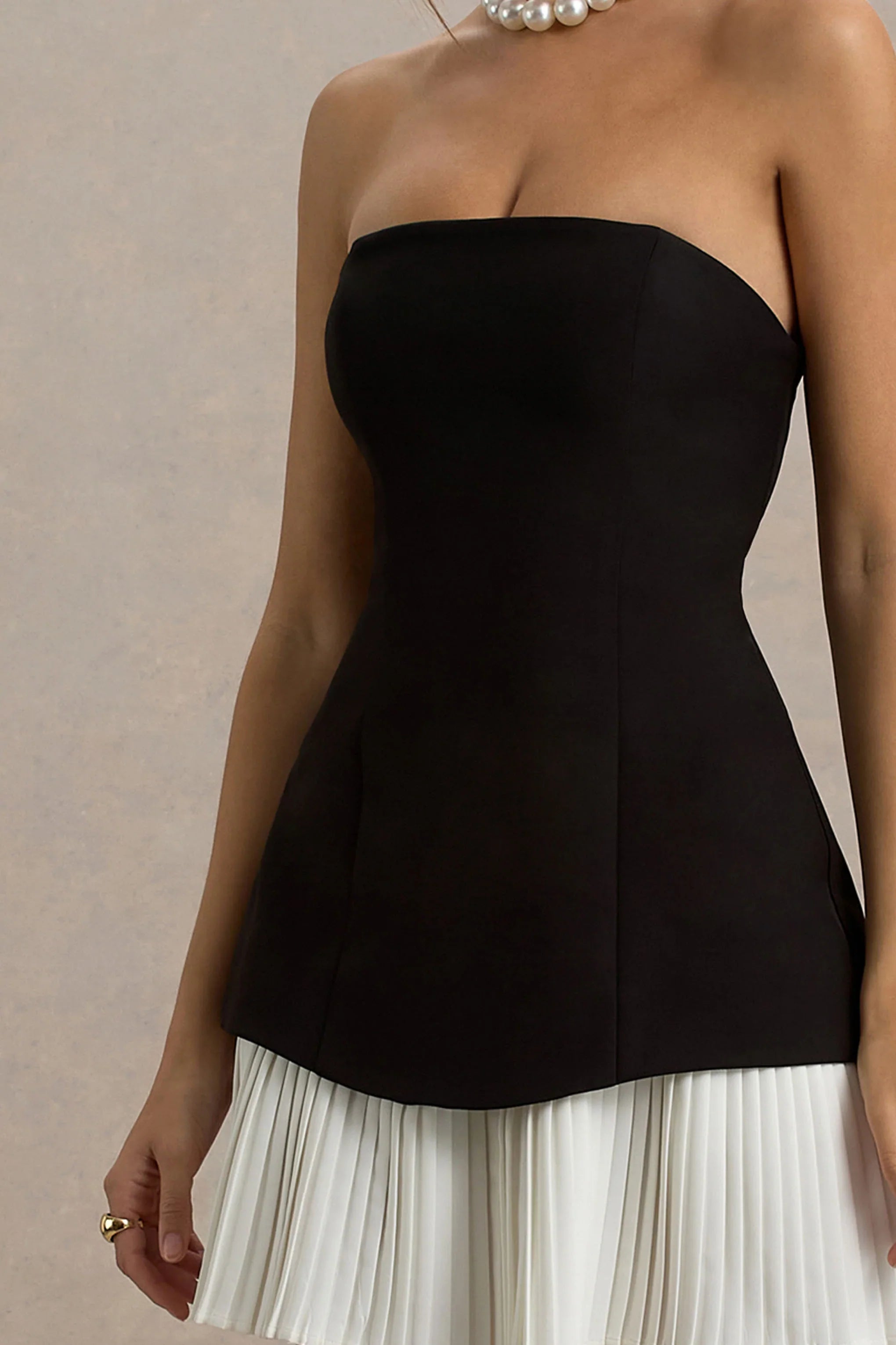 Autumn | Black & White Bandeau Mini Dress With Pleats