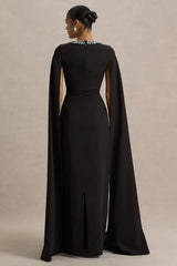 Glossy | Black Woven Square-Neck Maxi Dress With Cape Sleeves and Hand-Embellished Detail