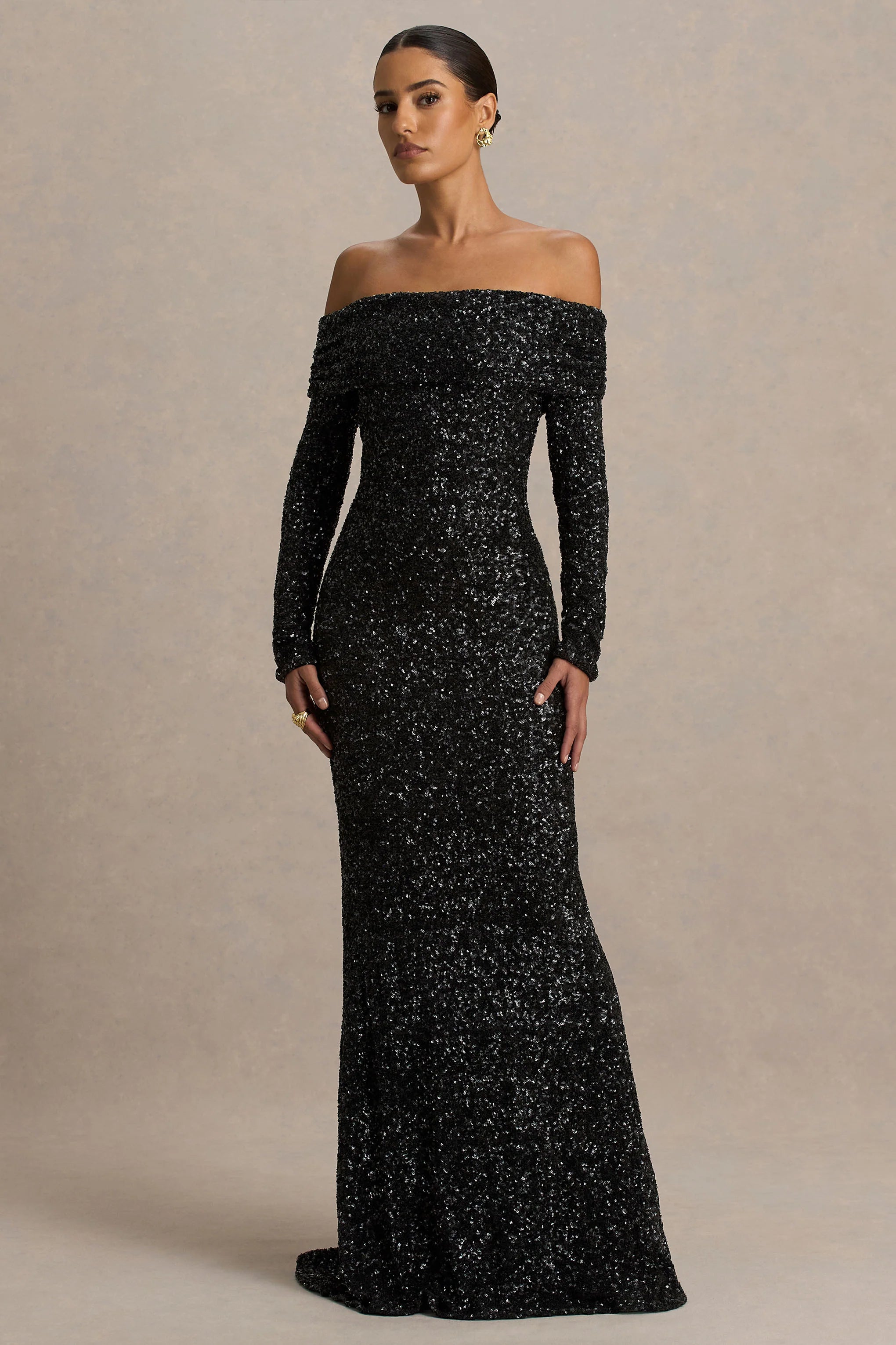 Obsession | Black Sequin Bardot-Neck Maxi Dress With Long Sleeves