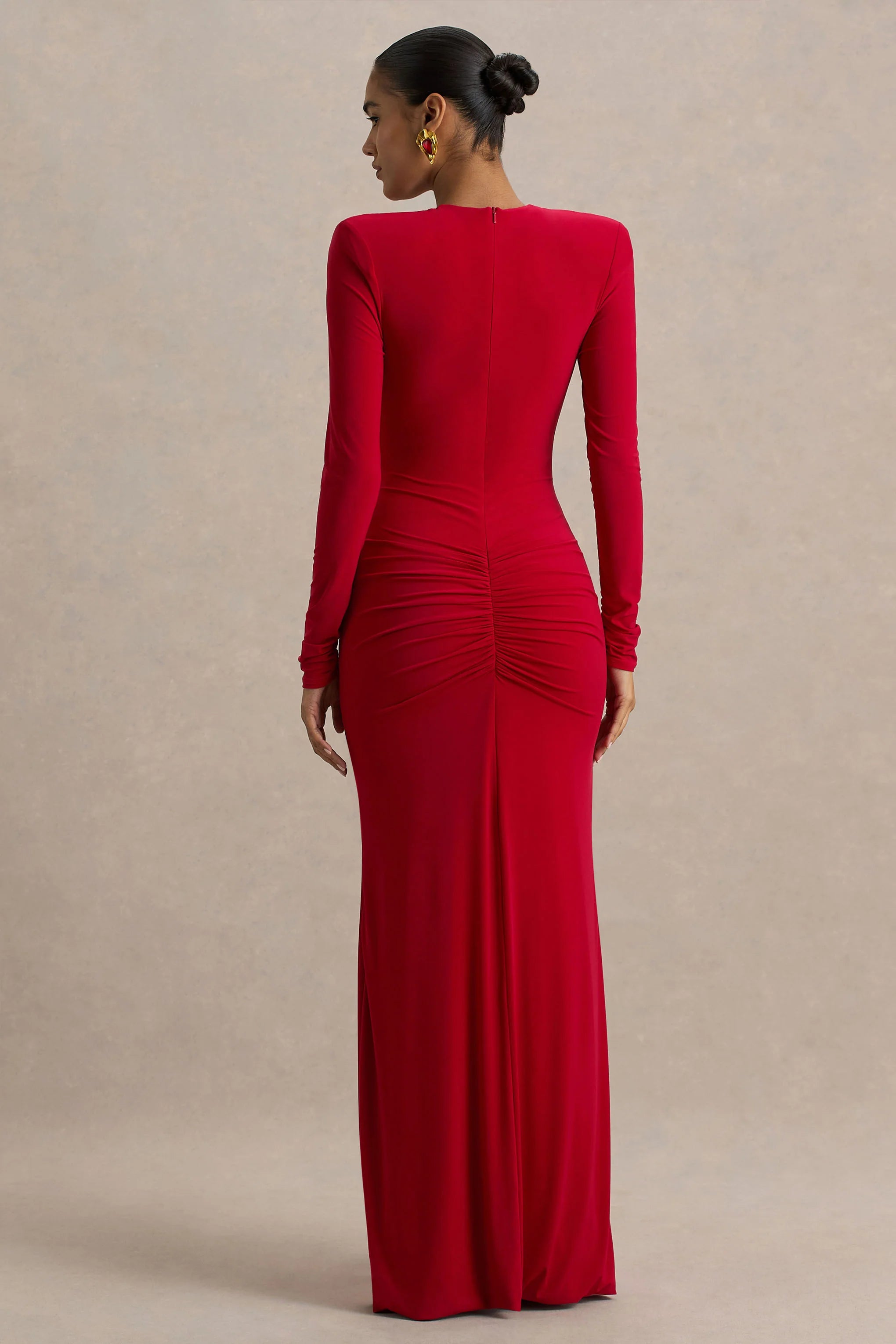 Jewel | Red Plunge-Neck Maxi Dress With Front Split and Ruched Detailing