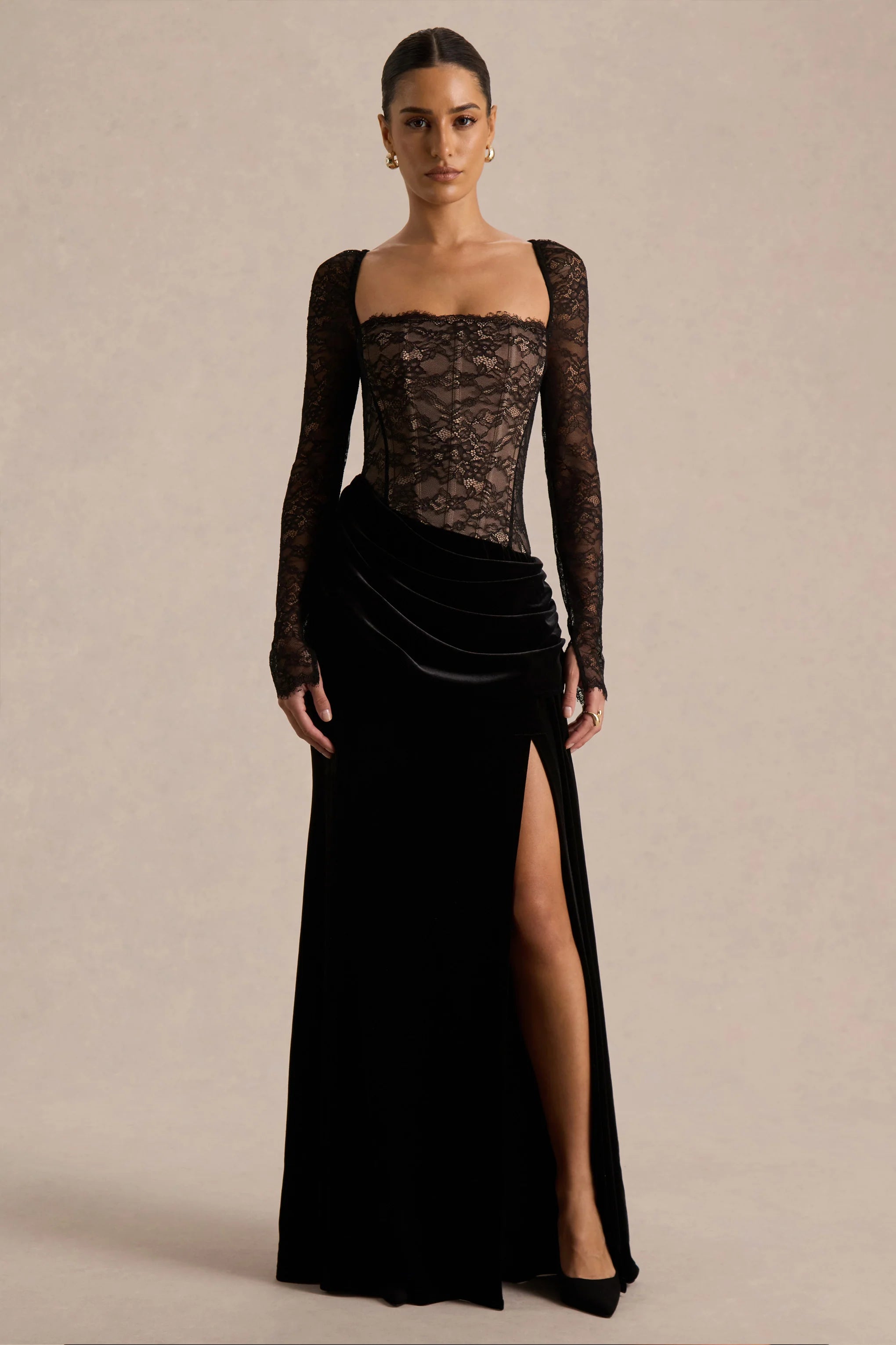 Finesse | Black Lace And Velvet Square-Neck Maxi Dress With Draped Skirt
