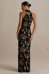 Tate | Black Velvet Halter-Neck Maxi Dress With Bronze Floral Sequin Embellishments