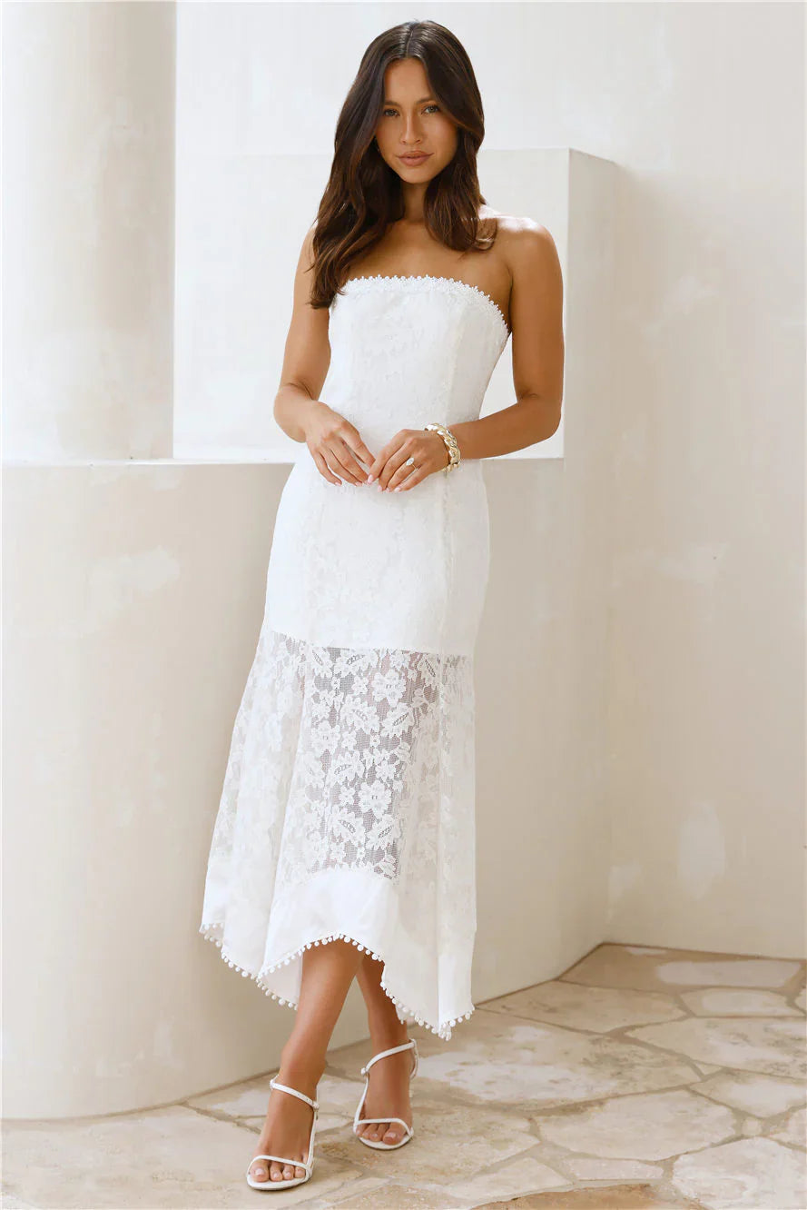 Luxe Petal Lace Strapless Maxi Dress