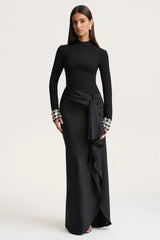 Starred | Black High-Neck Maxi Dress With Satin Wrap-Skirt And Embellished Cuffs
