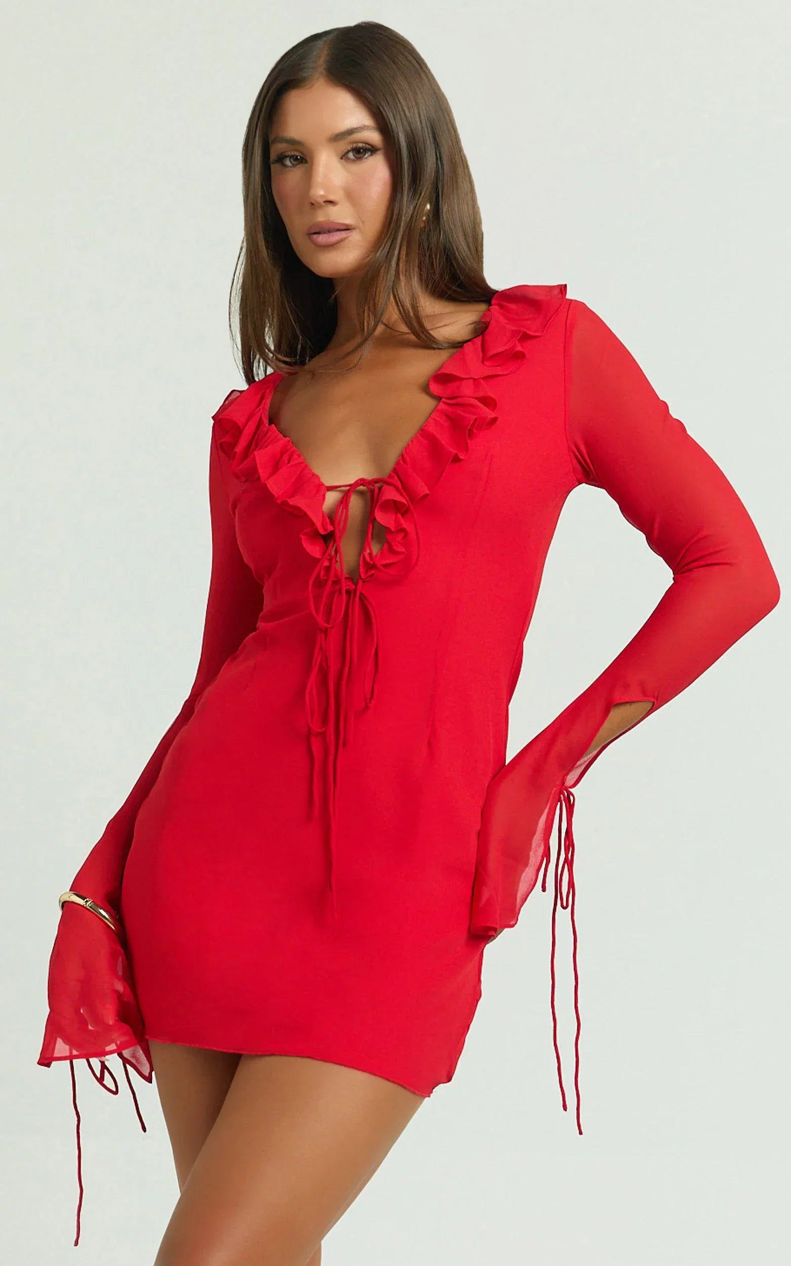 Alesya Mini Dress Ruffle Plunge Neck Long Sleeve Tie Detail Dress in Red