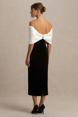 Twilight | Black And White Velvet Bardot-Neck Midi Dress With Oversized Satin Bow