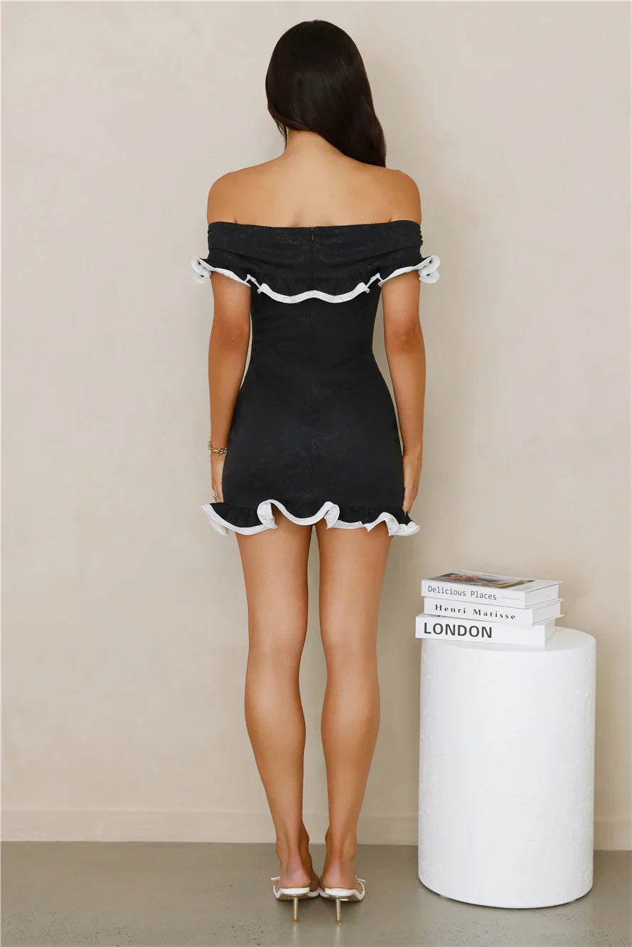 Glimmering Noir Off Shoulder Lace Mini Dress