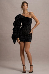 Nikko | Black Sequin Ruffle-Sleeve Mini Dress
