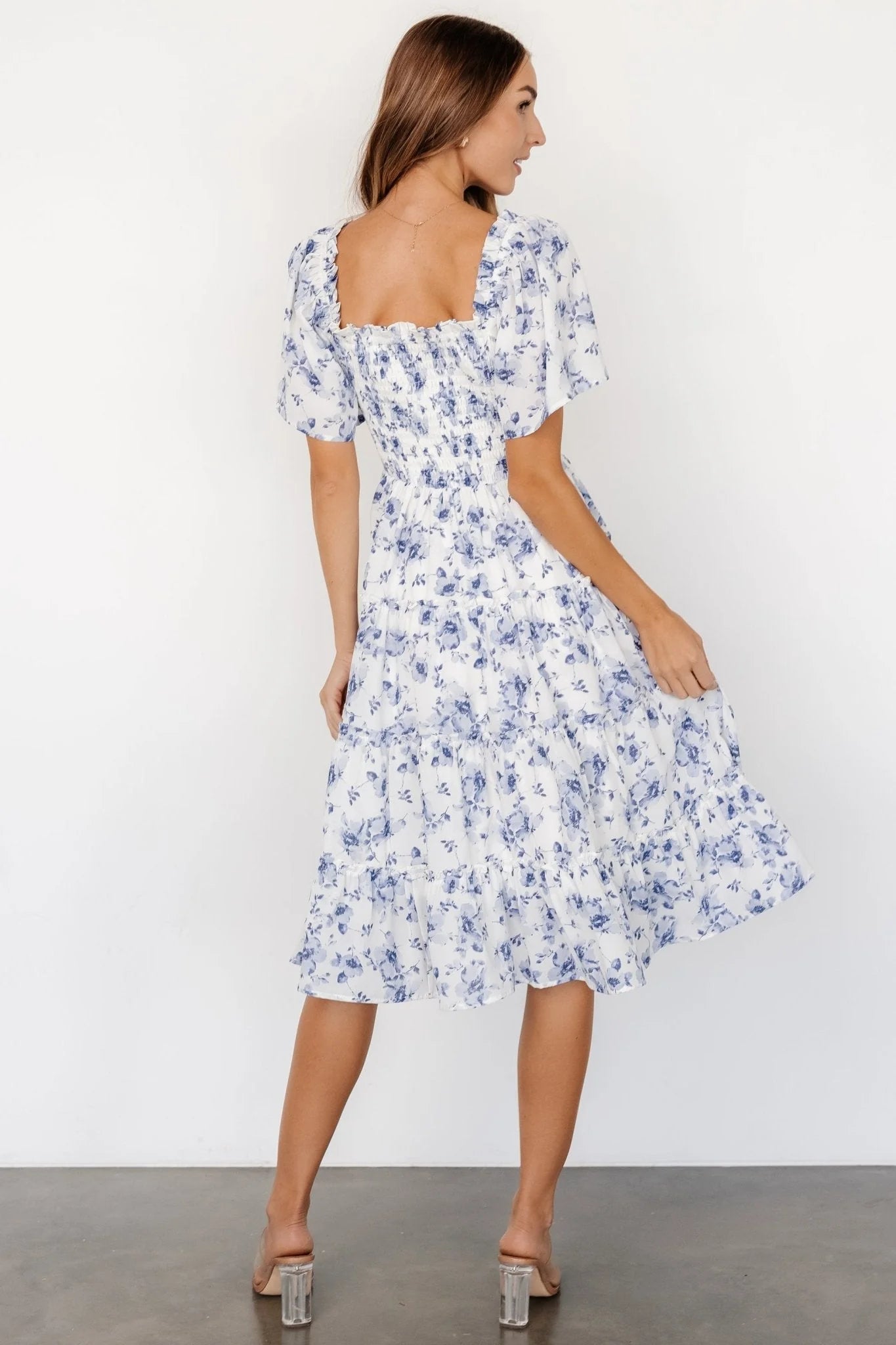 Lilla Tiered Midi Dress | Off-White + Blue Floral