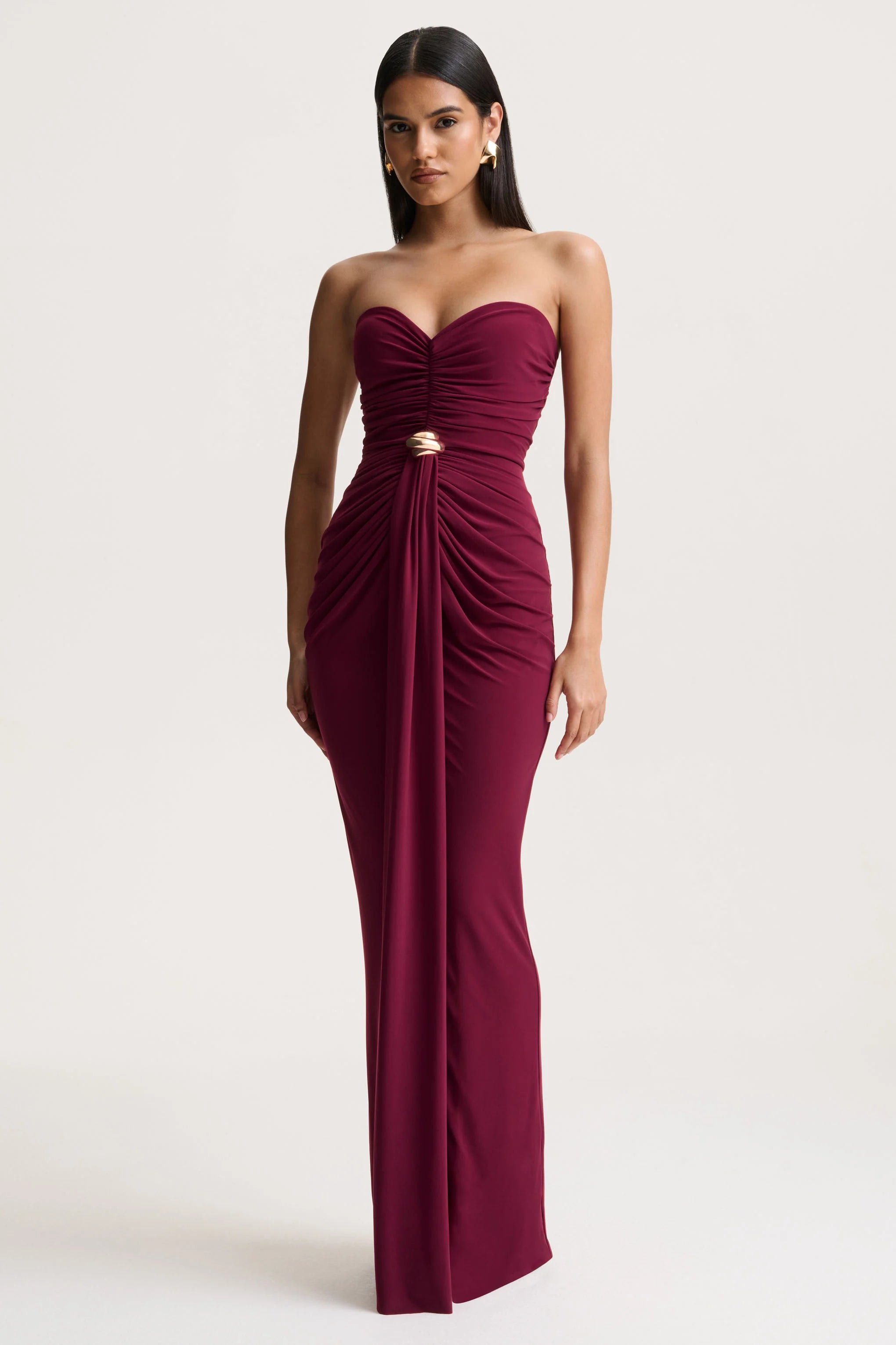 Beverly | Burgundy Bandeau Maxi Dress With Gathered-Detailing
