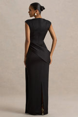 Influence | Black Satin Slashed-Neck Maxi Dress With Embellished Detail And Sash