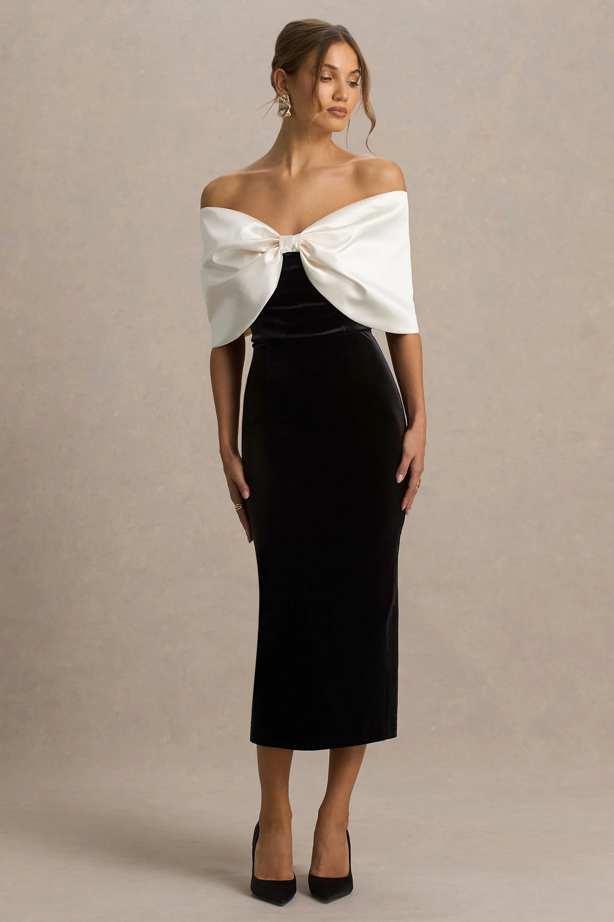 Twilight | Black And White Velvet Bardot-Neck Midi Dress With Oversized Satin Bow