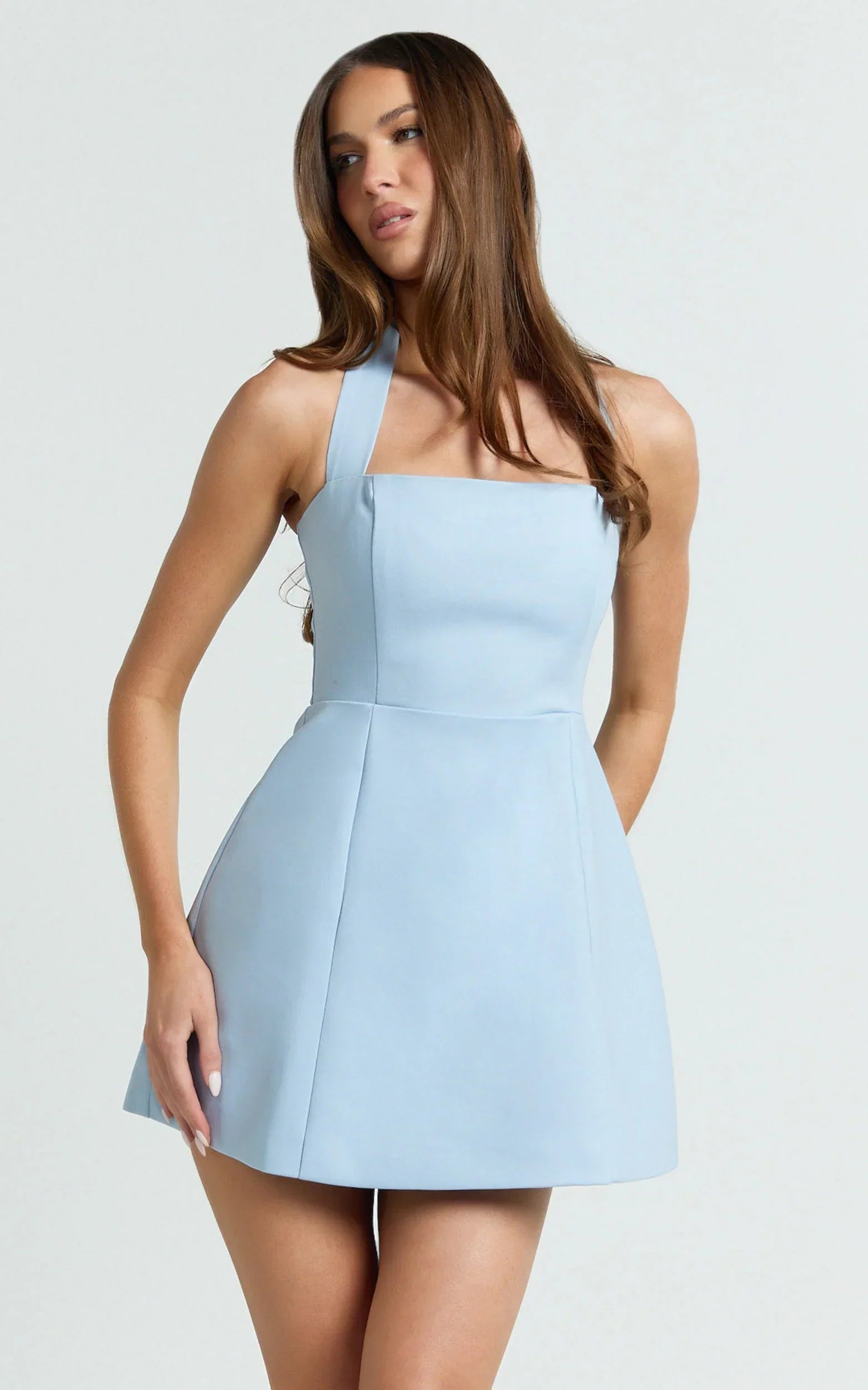 Dante Mini Dress Halter Neck Tie Tulip Skirt Dress in Soft Blue