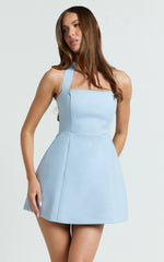 Dante Mini Dress Halter Neck Tie Tulip Skirt Dress in Soft Blue