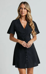 Sahar Mini Dress Flutter Sleeve Button Through Dress in Black