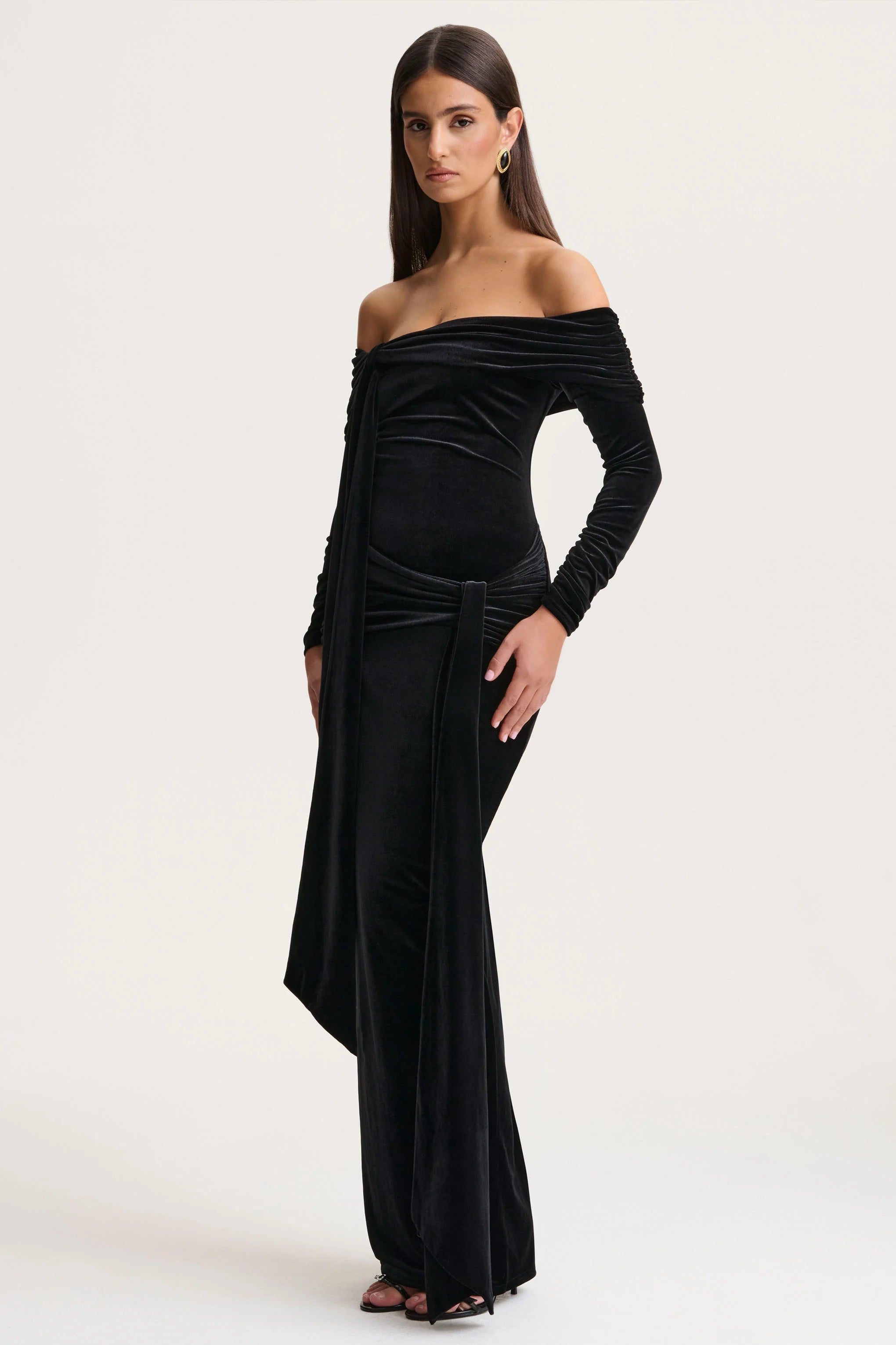 Jessara | Black Bardot-Neck Maxi Dress With Knot-Details