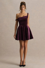 Leticia | Burgundy Velvet Asymmetric-Neck Velvet Mini Dress With Twist-Sleeve