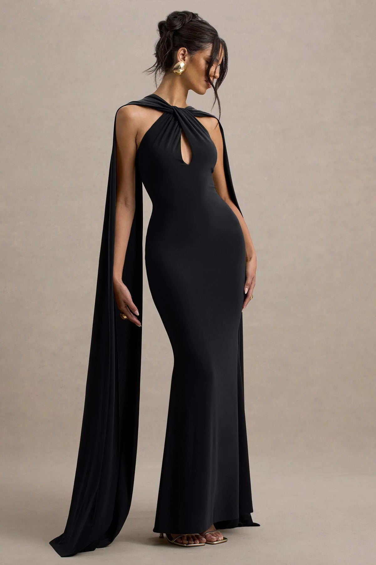 Rhoda | Black Twist Halter-Neck Cape Maxi Dress