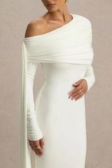 Octavia | Cream Bardot-Neck Maxi Dress With Sash And Ruched Detailing