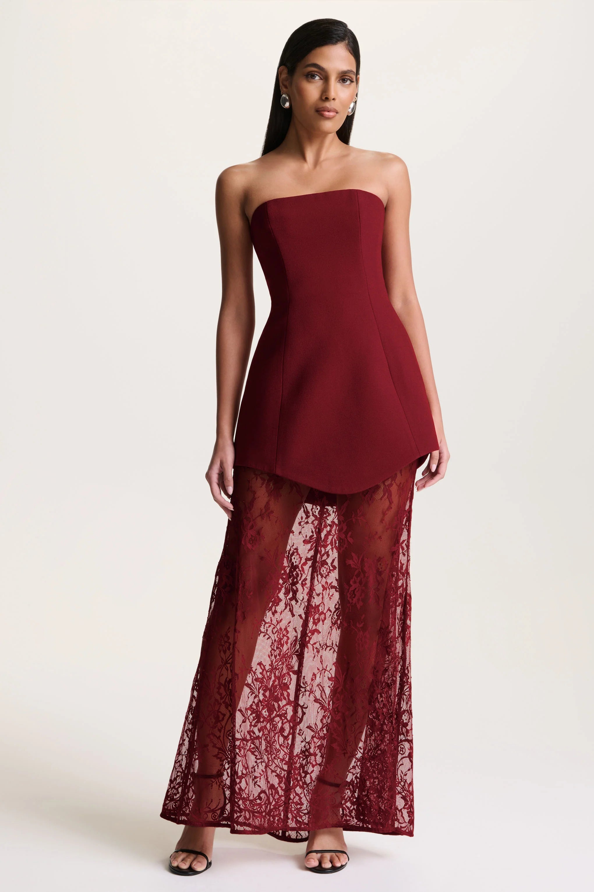 Brandi | Burgundy Bandeau Maxi Dress With Lace Skirt
