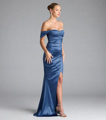 Belinda Off-The-Shoulder Slit Satin Formal Dress