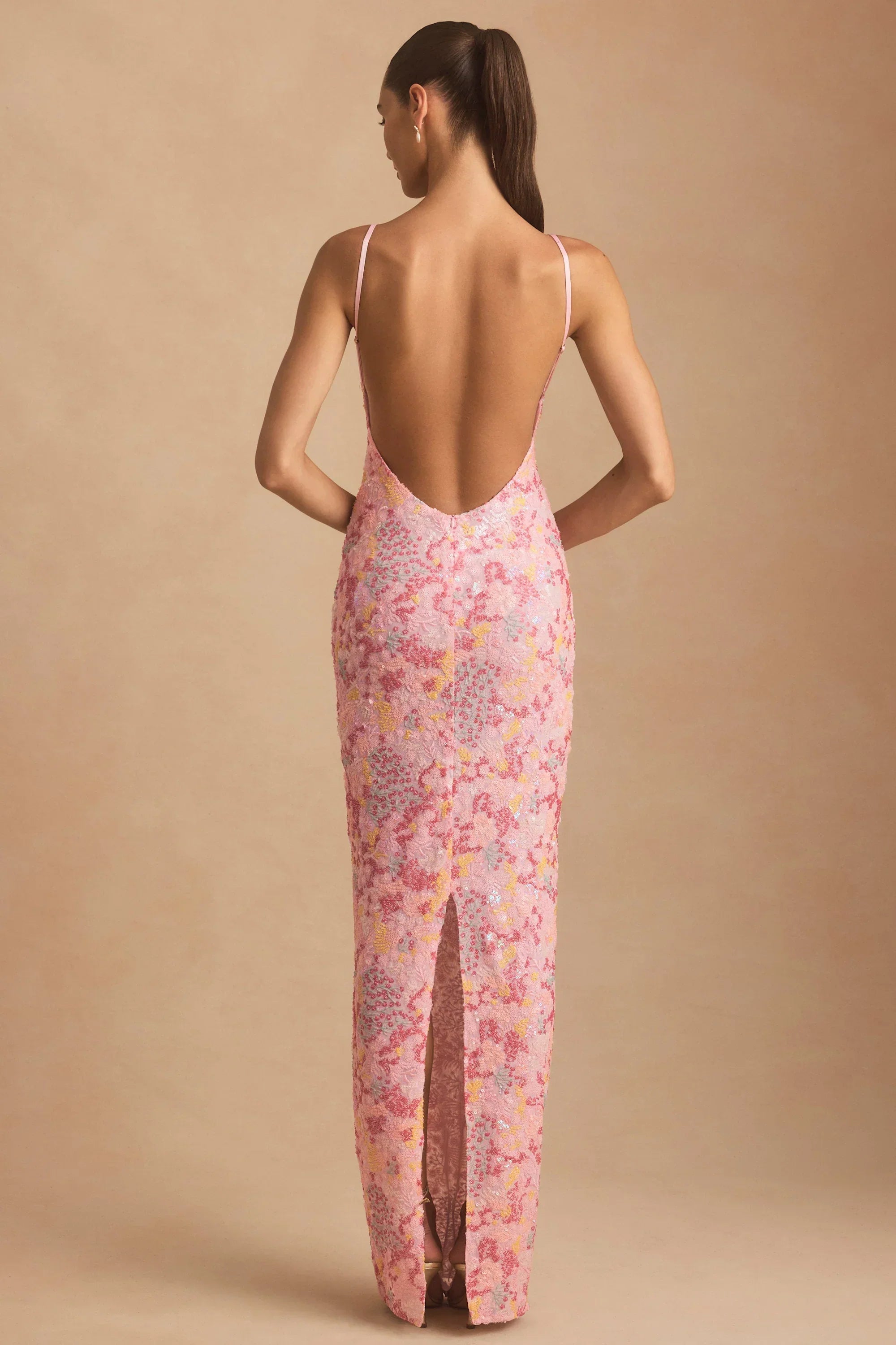 Embellished Scoop-Neck Backless Maxi Dress in Pink