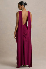 Premiere | Burgundy Boat-Neck Maxi Dress With Open-Back And Cape-Sleeves