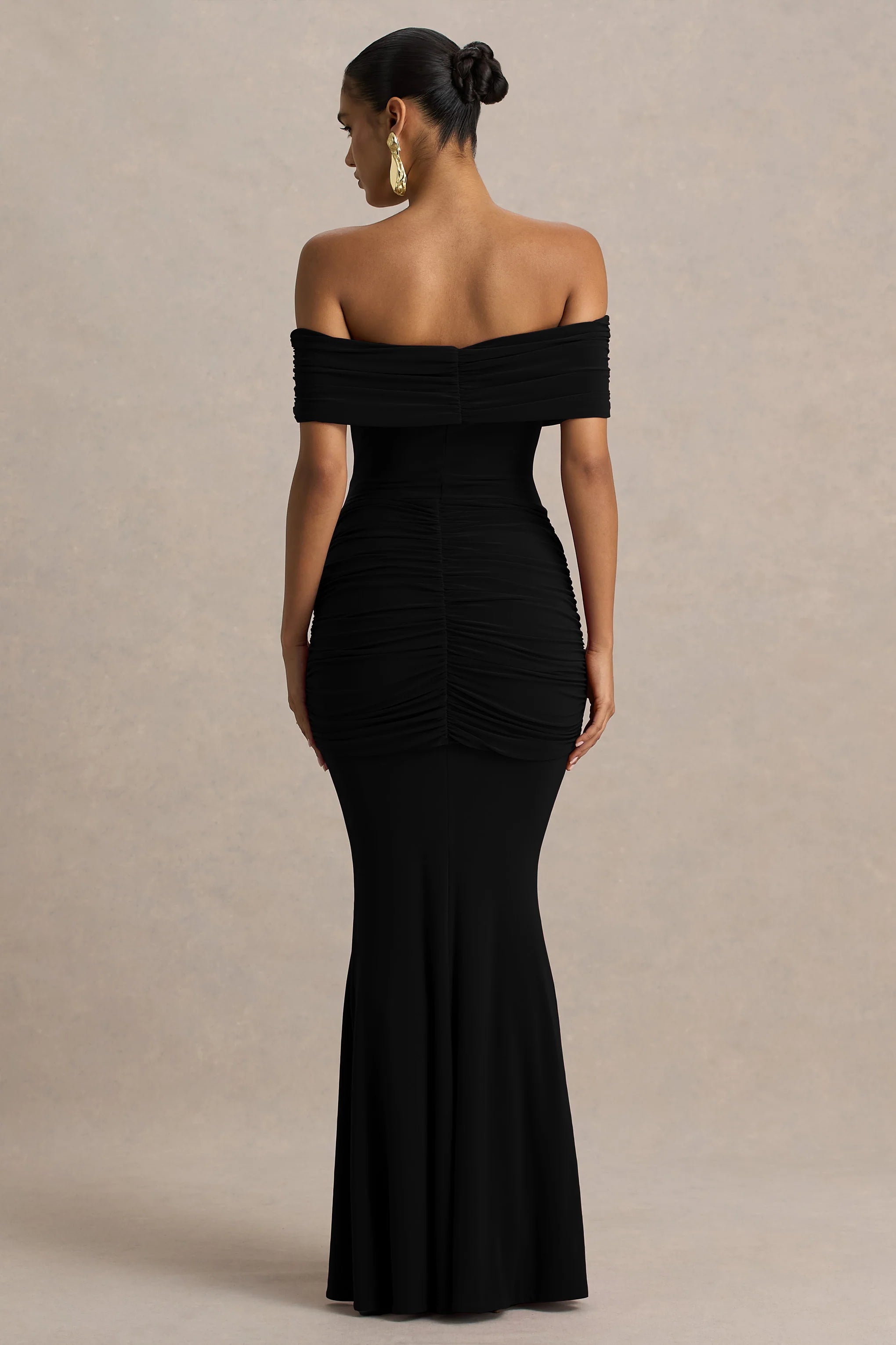 Envisioned | Black Bardot-Neck Maxi Dress With Gathered And Drape Detail