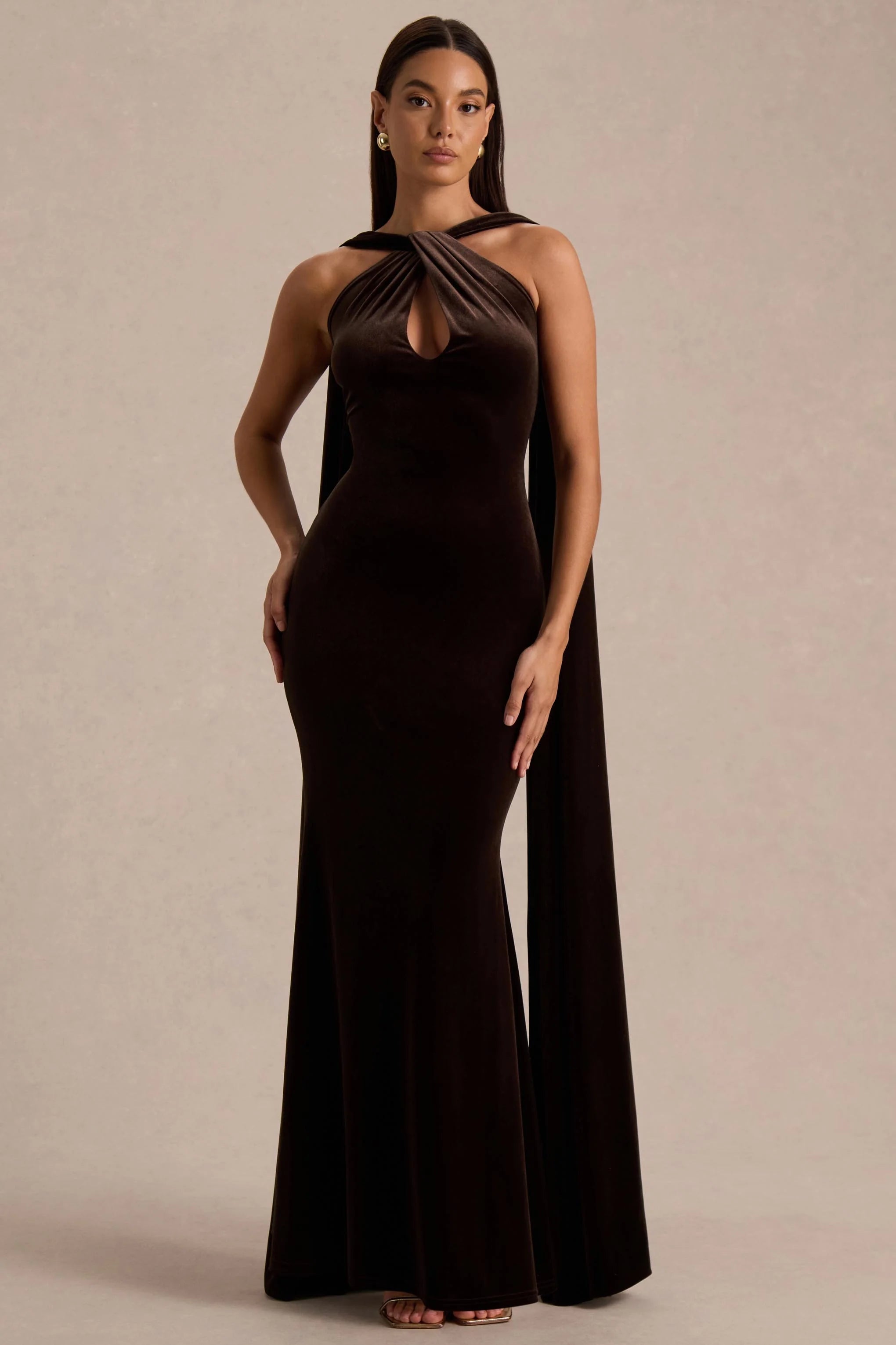 Layli | Brown Velvet Halter-Neck Maxi Dress With Cape