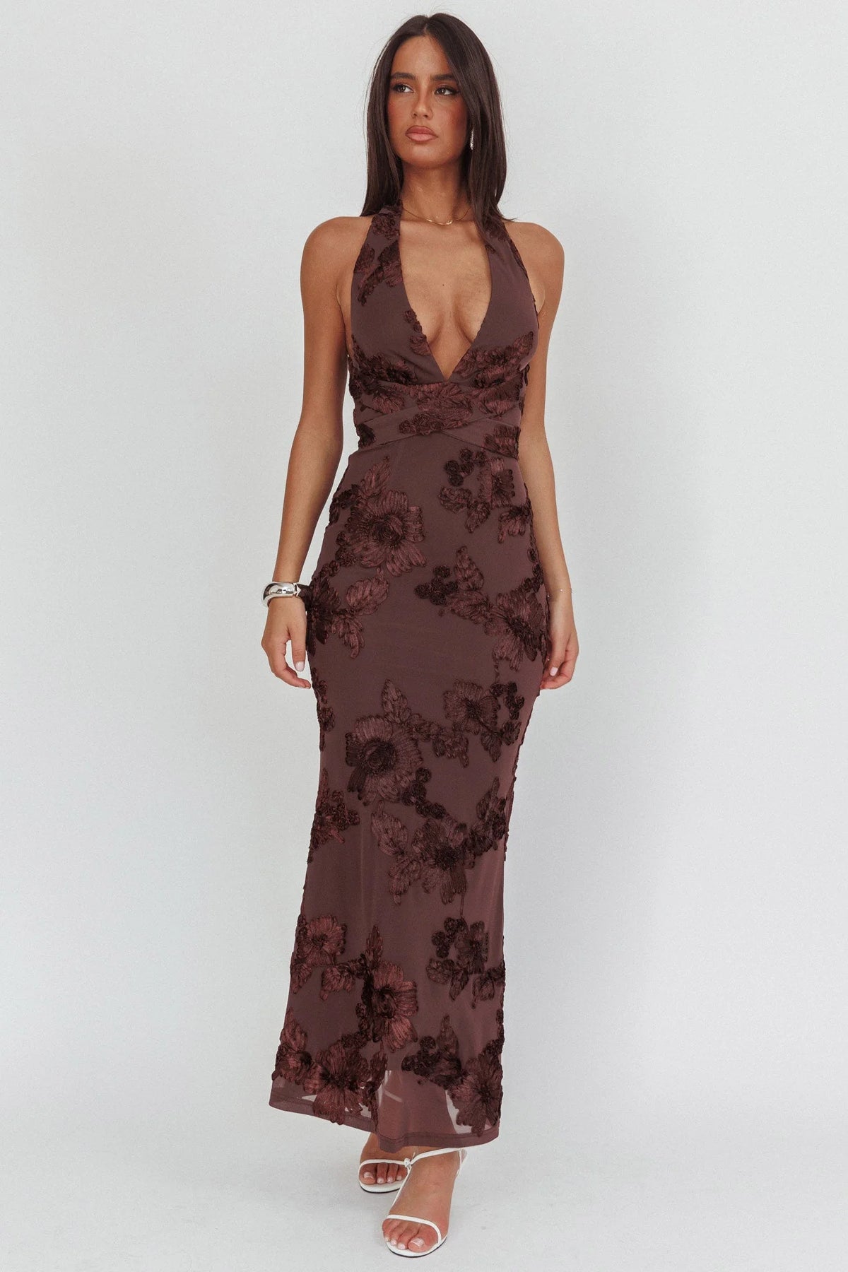 Cipriana Backless Halter Maxi Dress Embellished Brown