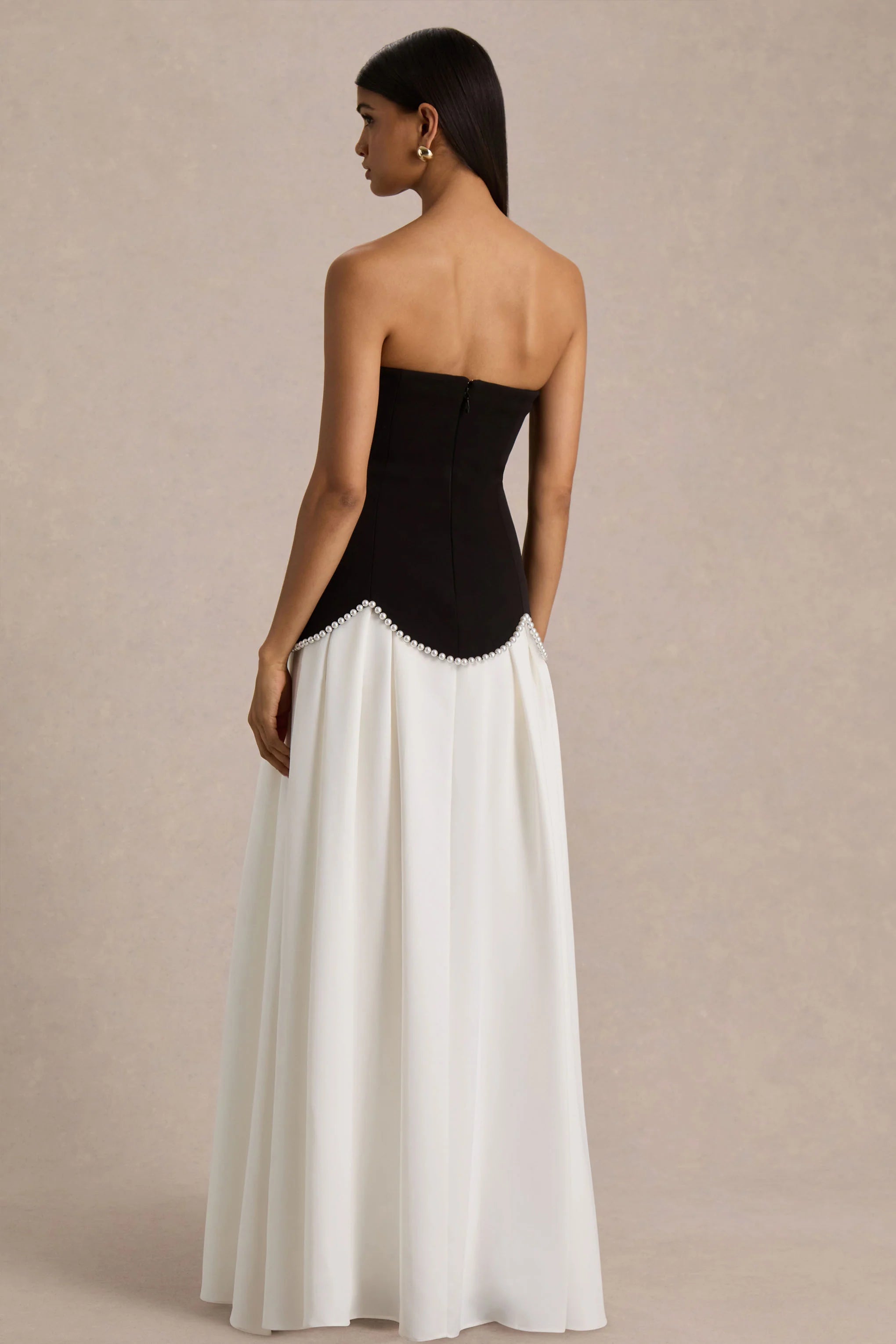 Wendy | Black And White Maxi Dress With Drop-Waist And Pearl Embellishment