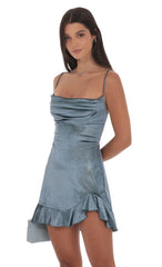 Foil Velvet Ruffled Slit Dress in Blue