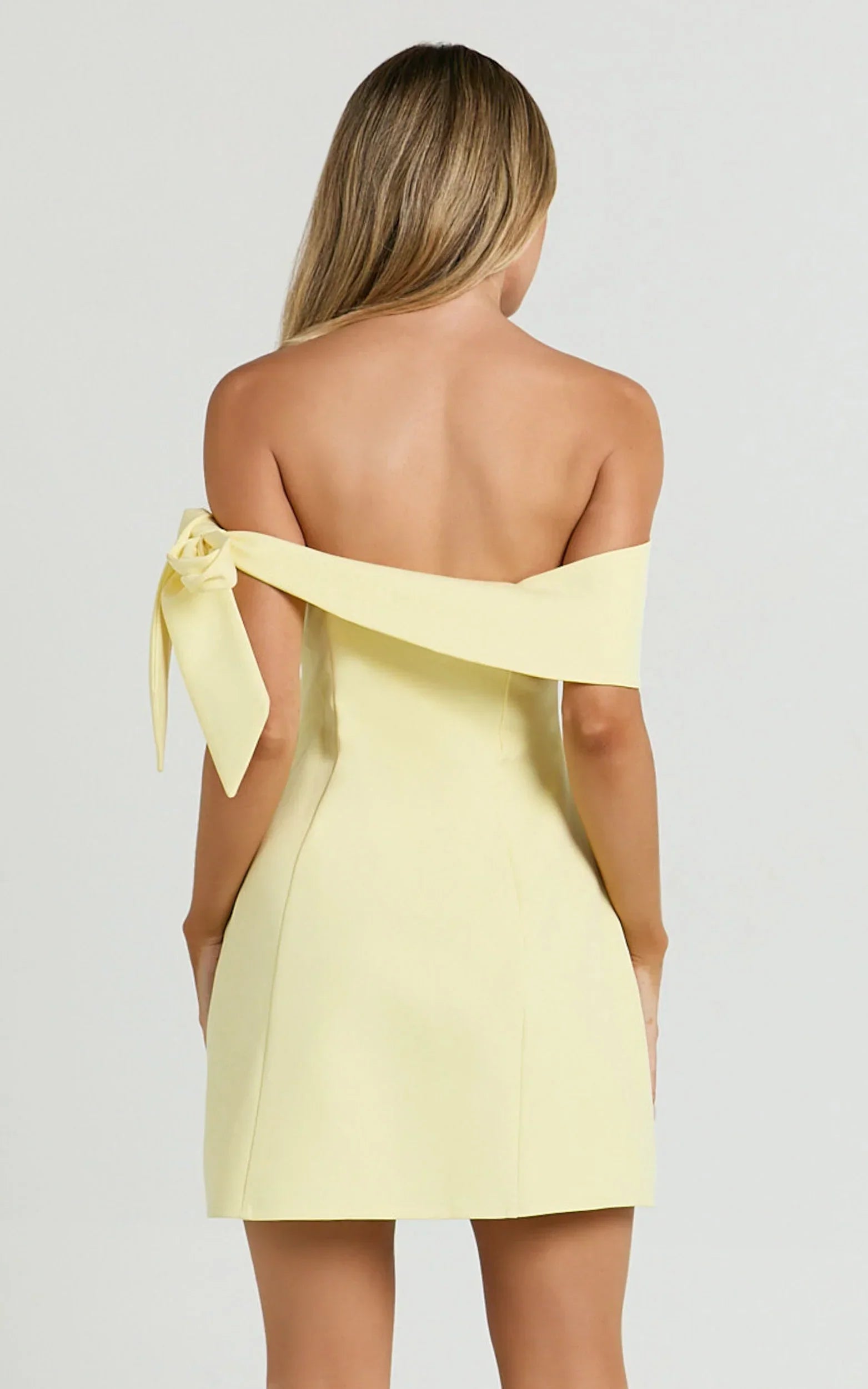 Cecilia Mini Dress Off Shoulder Tie Detail Dress in Lemon