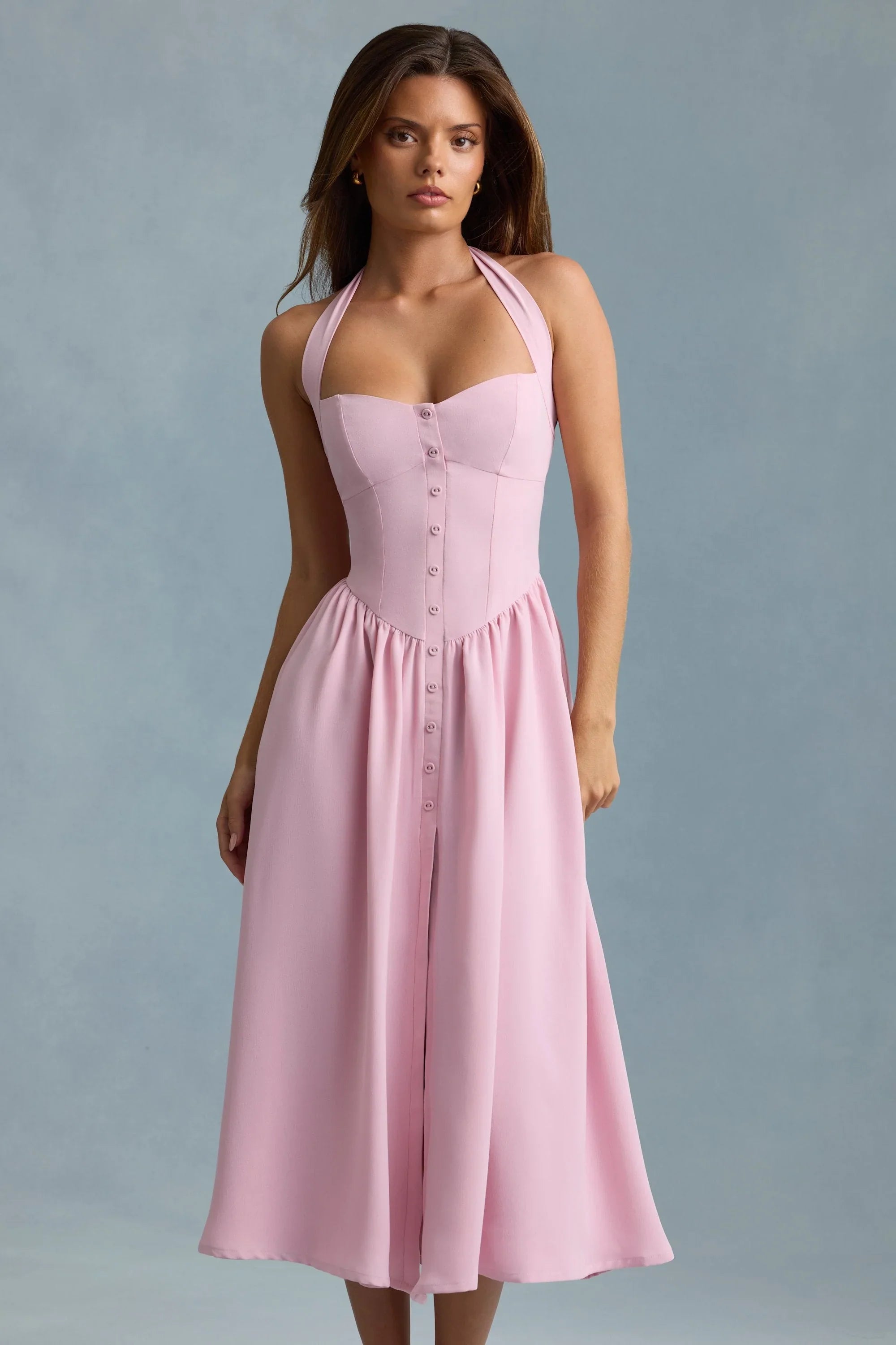 Button-Detail Halterneck Midaxi Dress in Soft Pink