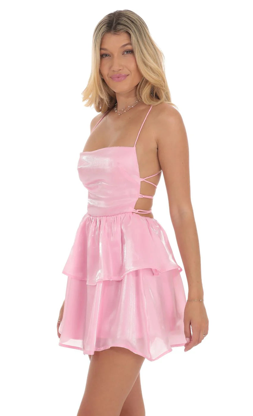 Shimmer Lace Up Dress in Pink