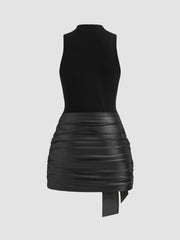 High Neck Ruched Knotted Mini Dress