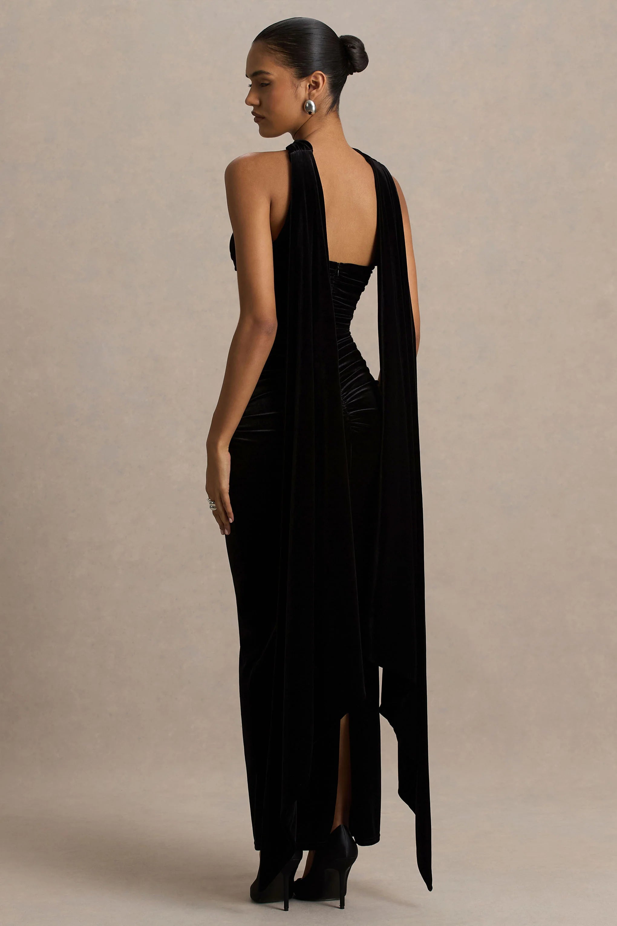 Paloma | Black Velvet Bandeau Maxi Dress With Scarf