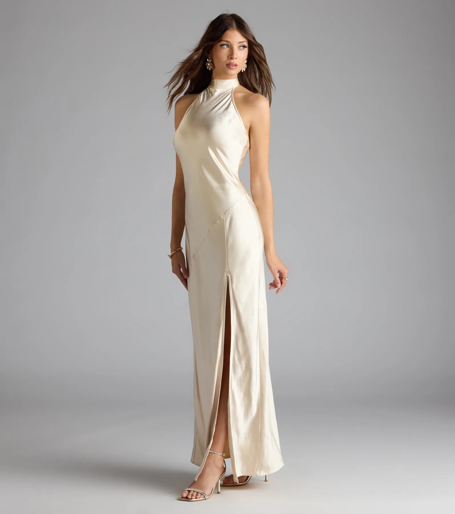 Andie Halter Open Back Slit Satin Formal Dress