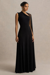 Selena | Black High-Neck Maxi Dress With Cut-Out And Cape Sleeve Detail