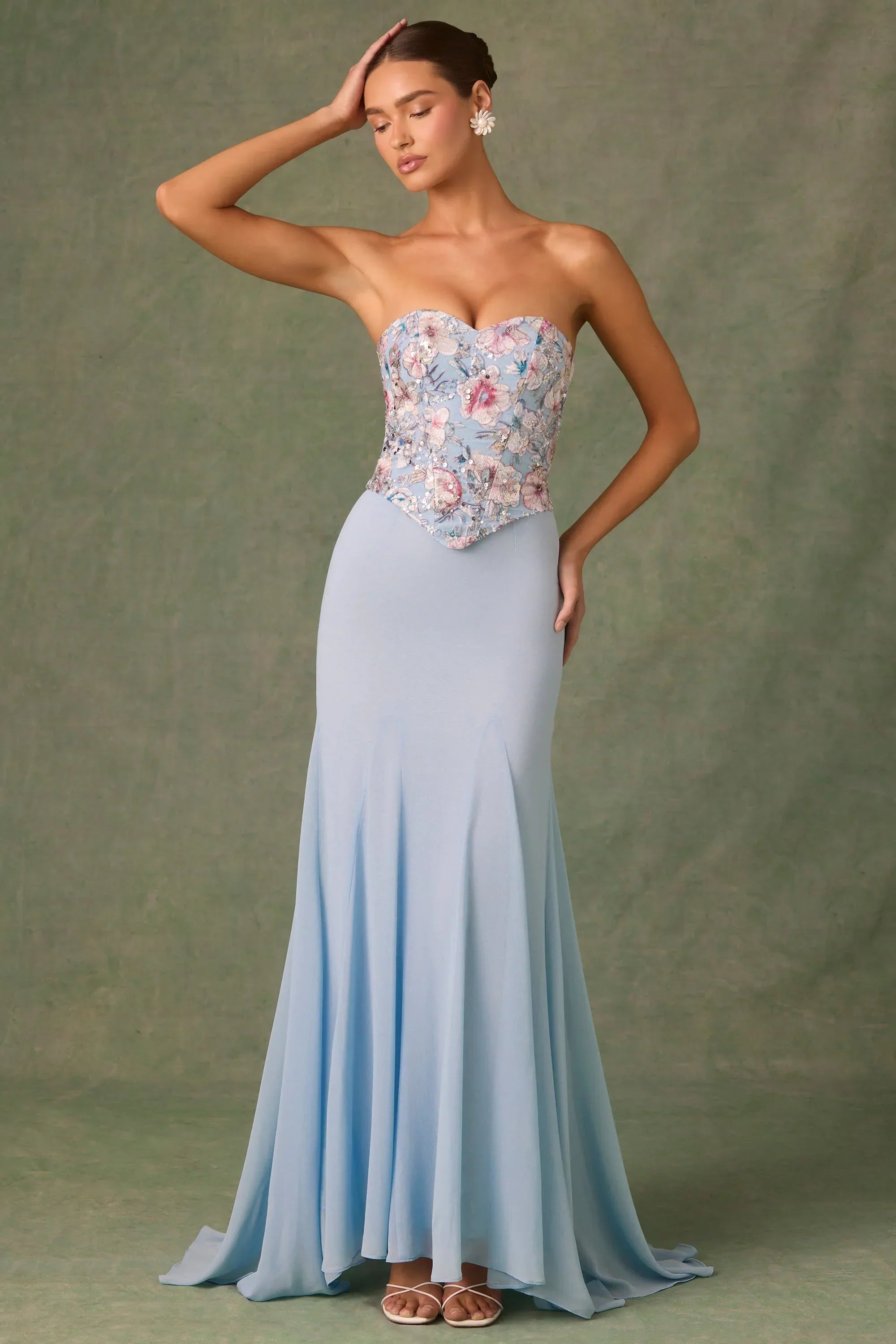 Embellished Corset Fishtail Gown in Floral Blue