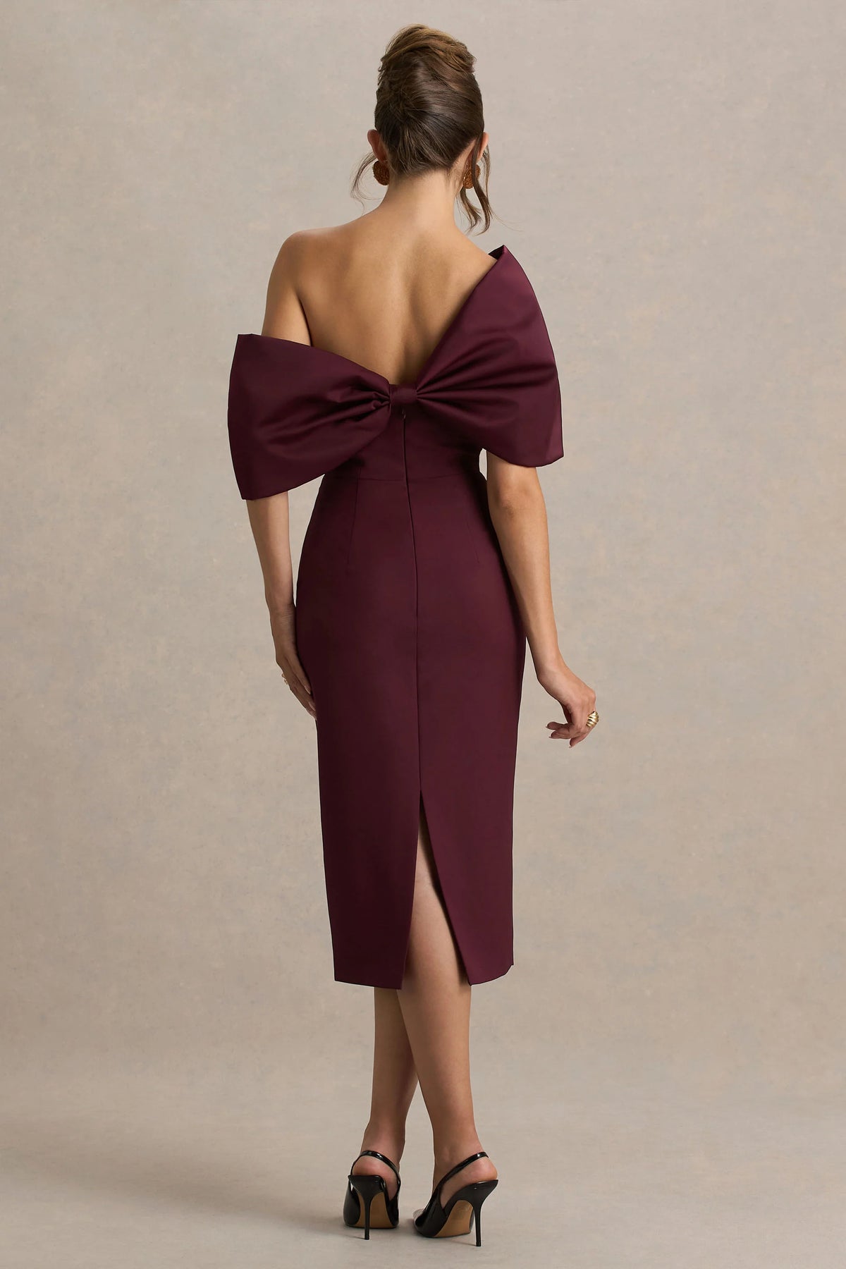 Lucille | Burgundy Asymmetric Bardot Midi Dress With Bow Detail