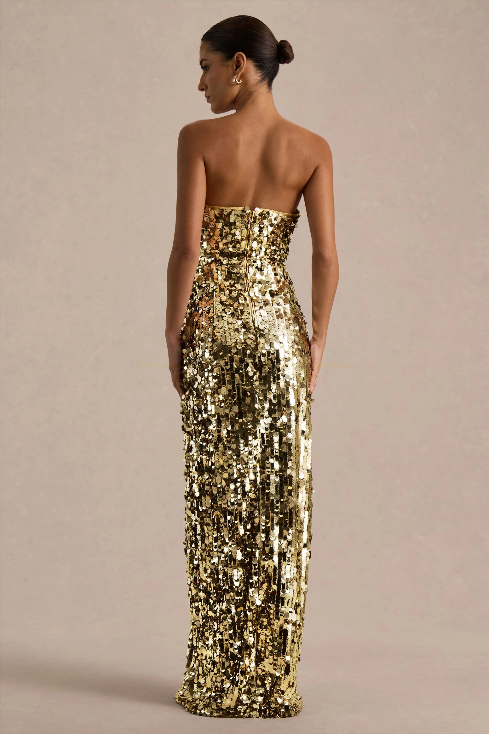 Nerea | Gold Sequin Bandeau Maxi Dress With Front High-Split