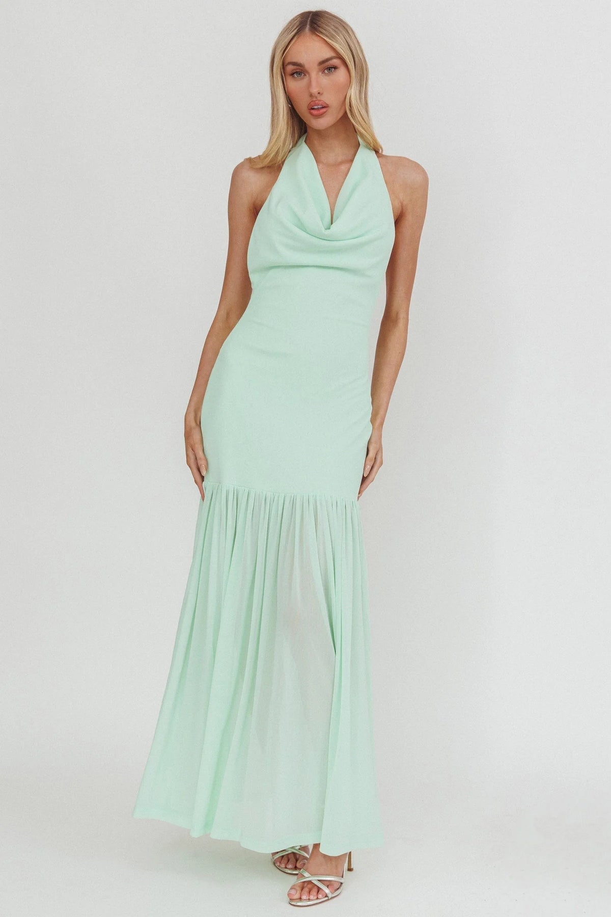 Kailyn Cowl Neck Sheer Hem Maxi Dress Mint