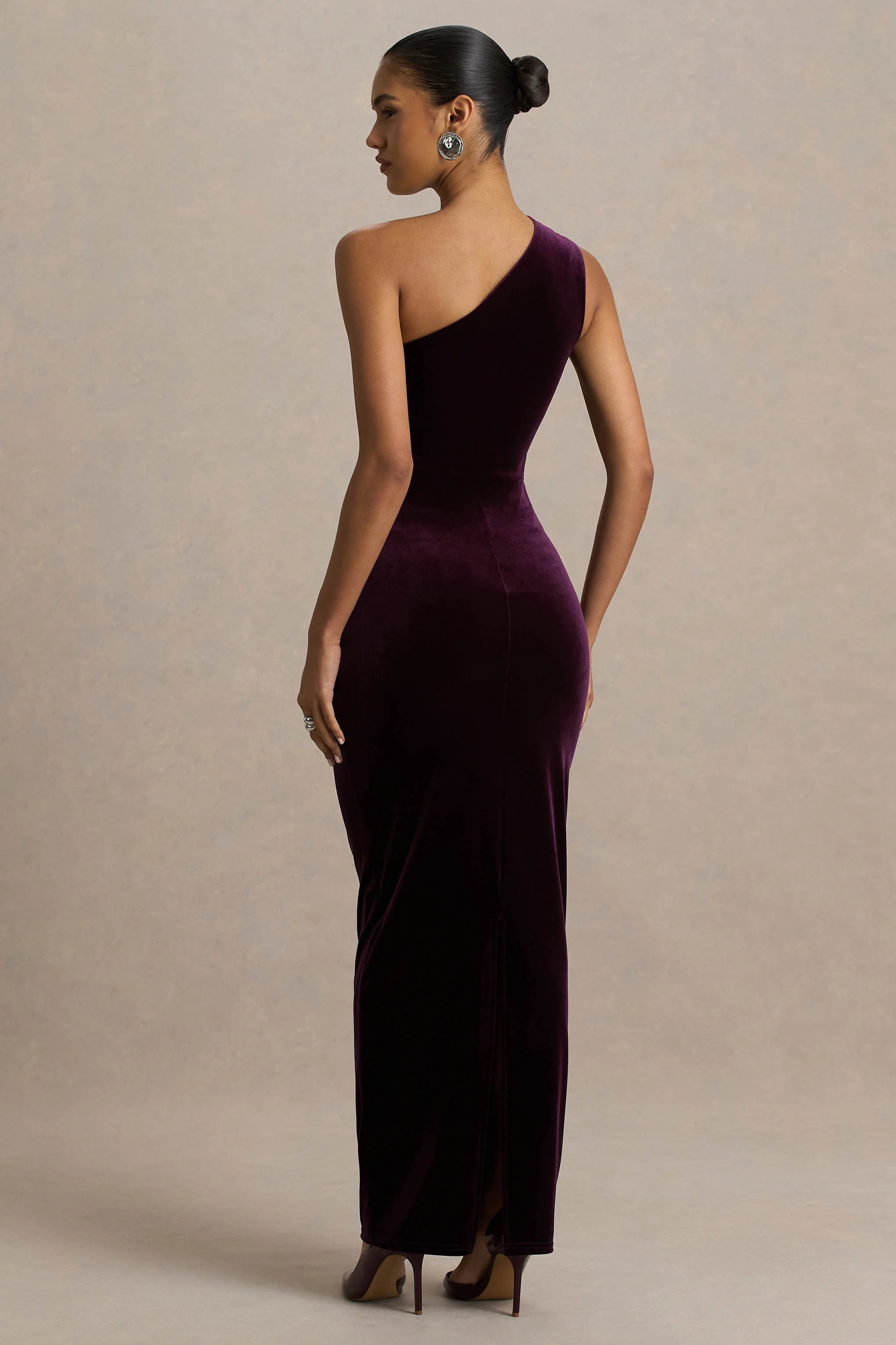 Treat | Burgundy Velvet Asymmetric-Neck Maxi Dress With Ruched Detailing.