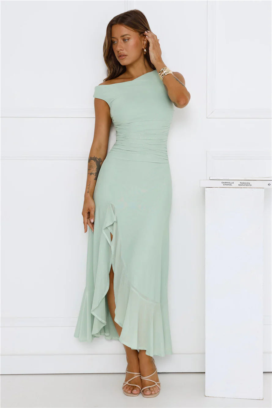 Effortless Girl Off Shoulder Mesh Midi Dress
