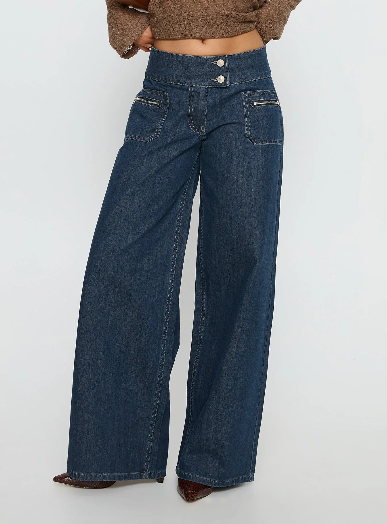 Unwritten Mid Rise Wide Leg Jeans Dark Blue Wash