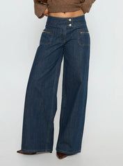 Unwritten Mid Rise Wide Leg Jeans Dark Blue Wash